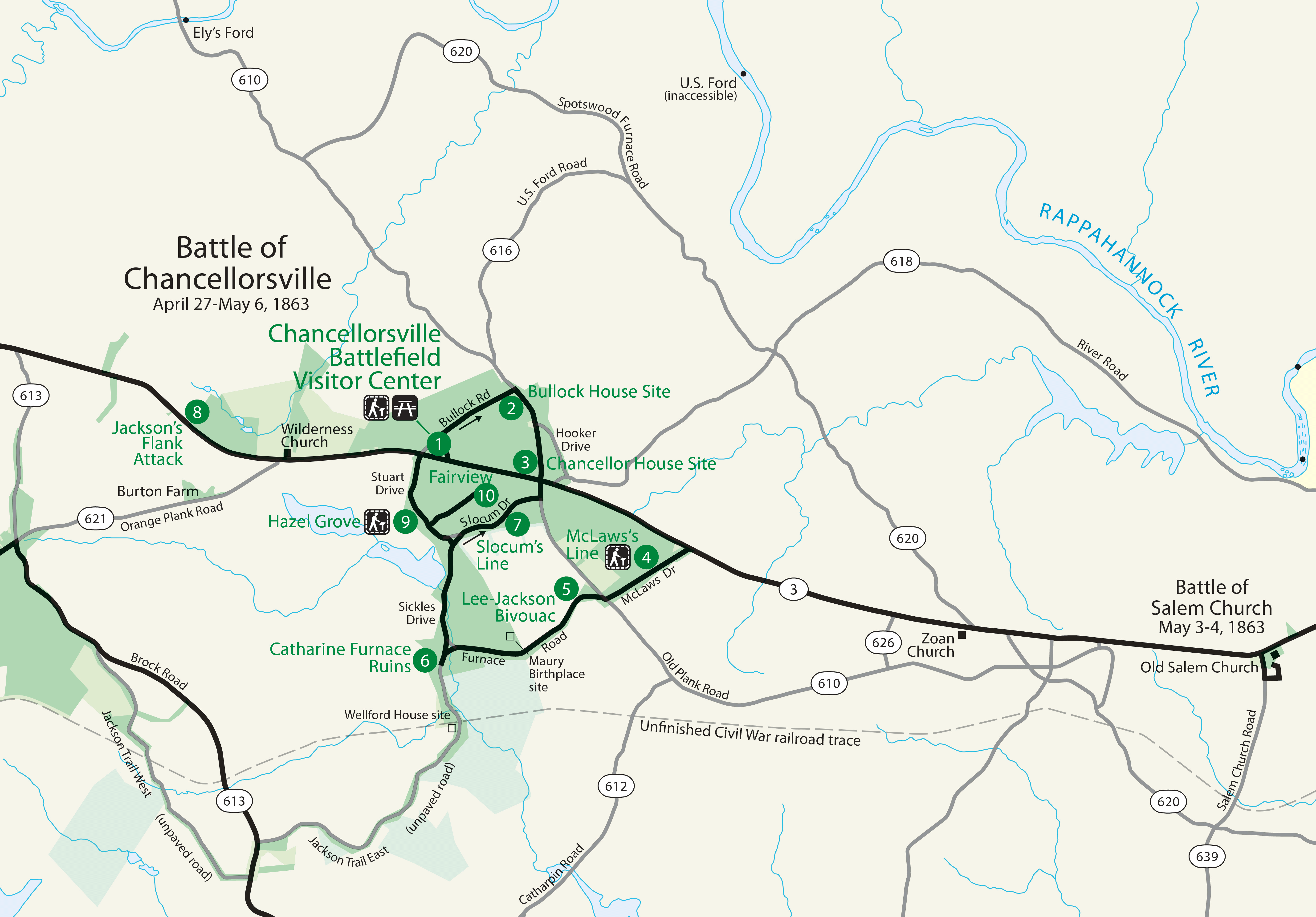 A map displaying the Battle of Chancellorsville tour stops within the National Park Service boundaries.