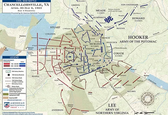 A map showing troop movements during the Battle of Chancellorsville.