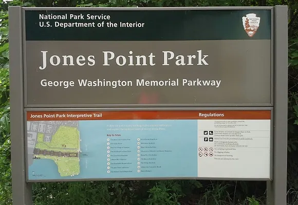 The entrance sign to Jones Point Park in Alexandria, managed by the National Park Service as part of the George Washington Memorial Parkway.
