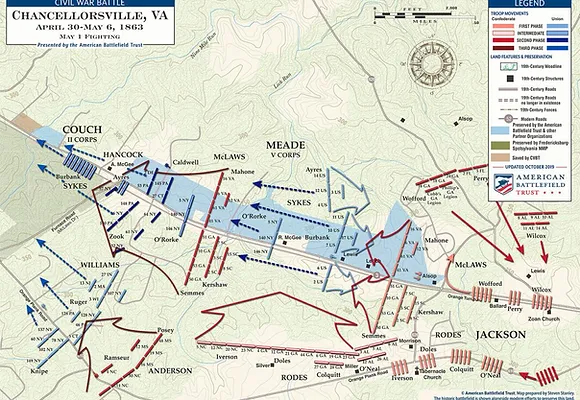 A map showing troop movements during the Battle of Chancellorsville.