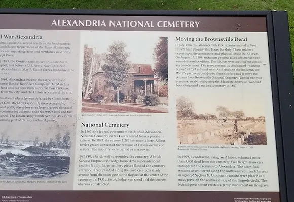 A historic marker detailing the history of Alexandria National Cemetery.