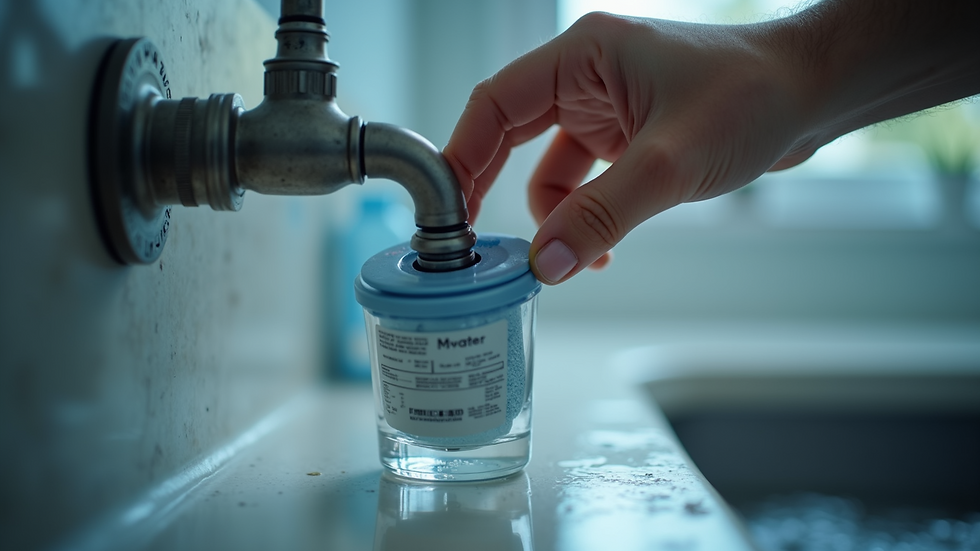 Eye-level view of a water filter cartridge being replaced