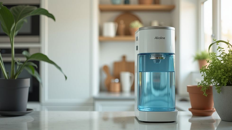 Eye-level view of an alkaline water machine on a kitchen counter