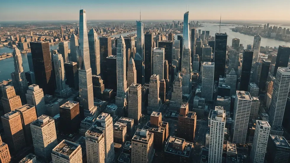 High angle view of an urban skyline with financial district buildings