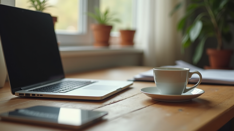 Eye-level view of a cozy home office setup with a laptop and a cup of tea
