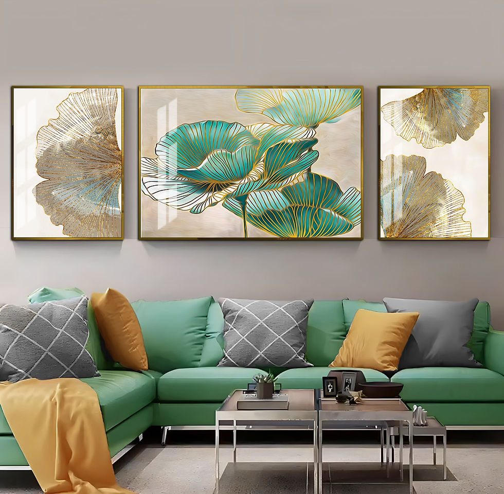 YEŞİL-GOLD RENK ÇİÇEK KOMBİNİ | 3LÜ YATAY CAM TABLO