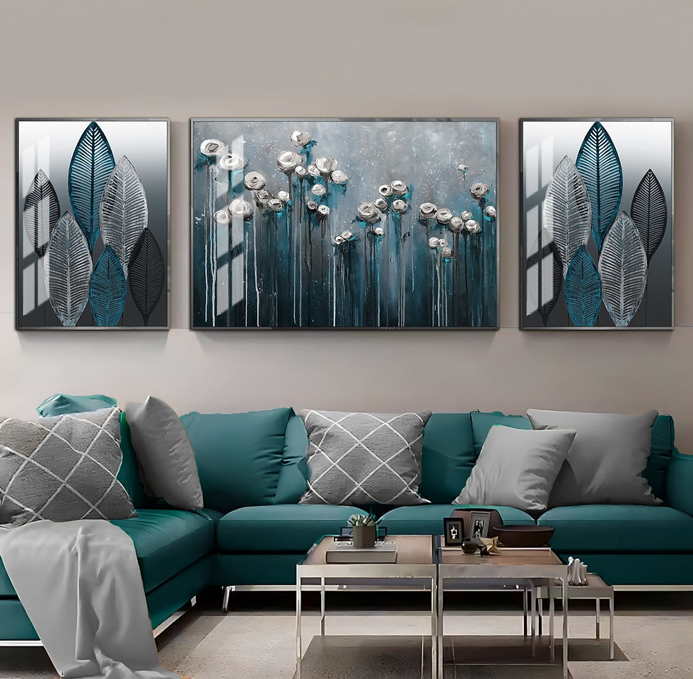 TURKUAZ-GRİ RENK YAPRAK ÇİÇEK KOMBİNİ | 3LÜ YATAY CAM TABLO