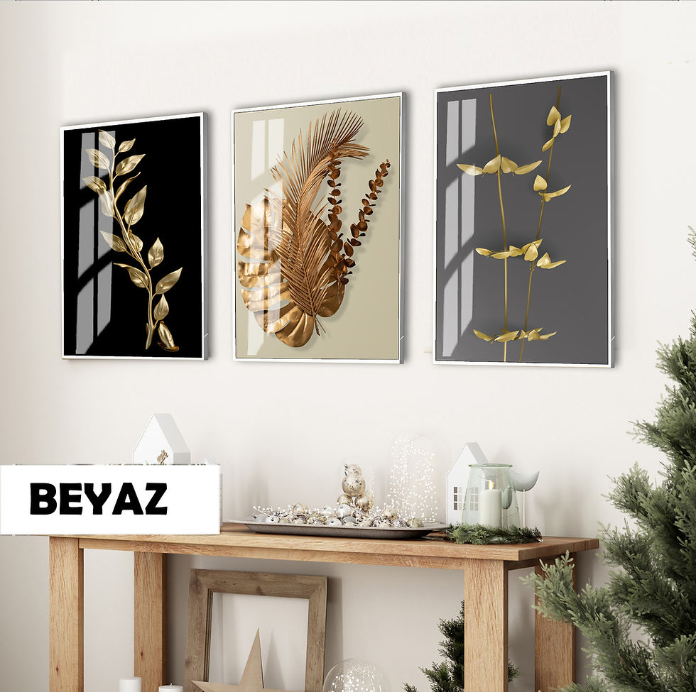 Küçük resim: ALTIN RENK BTİKİ DETAYLI KOMBİNİ |ÇERÇEVELİ CAM TABLO 3LÜ DİKEY TABLO