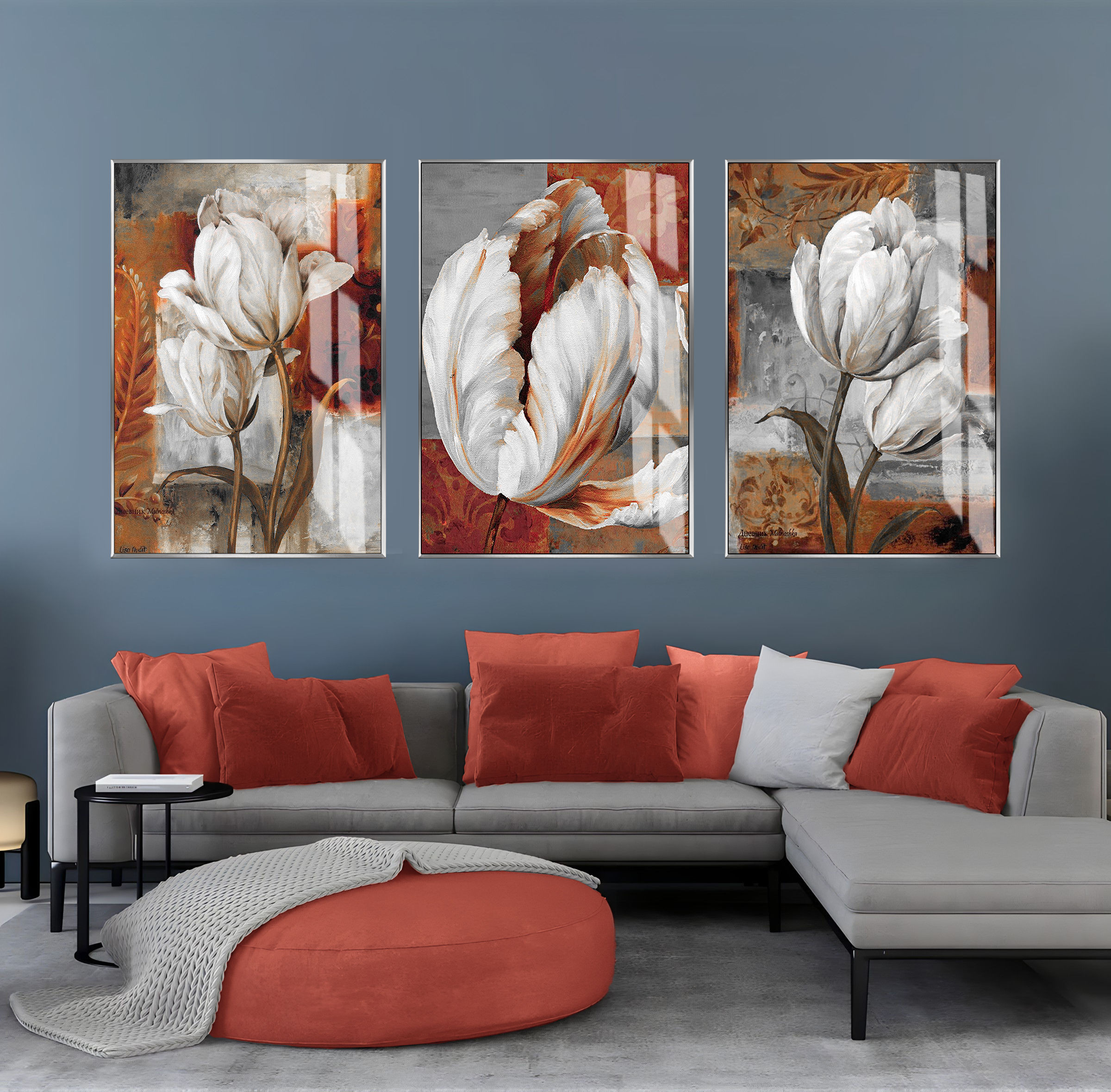 GRİ-KAHVERENGİ ÇİÇEK KOMBİNİ | 3LÜ DİKEY CAM TABLO