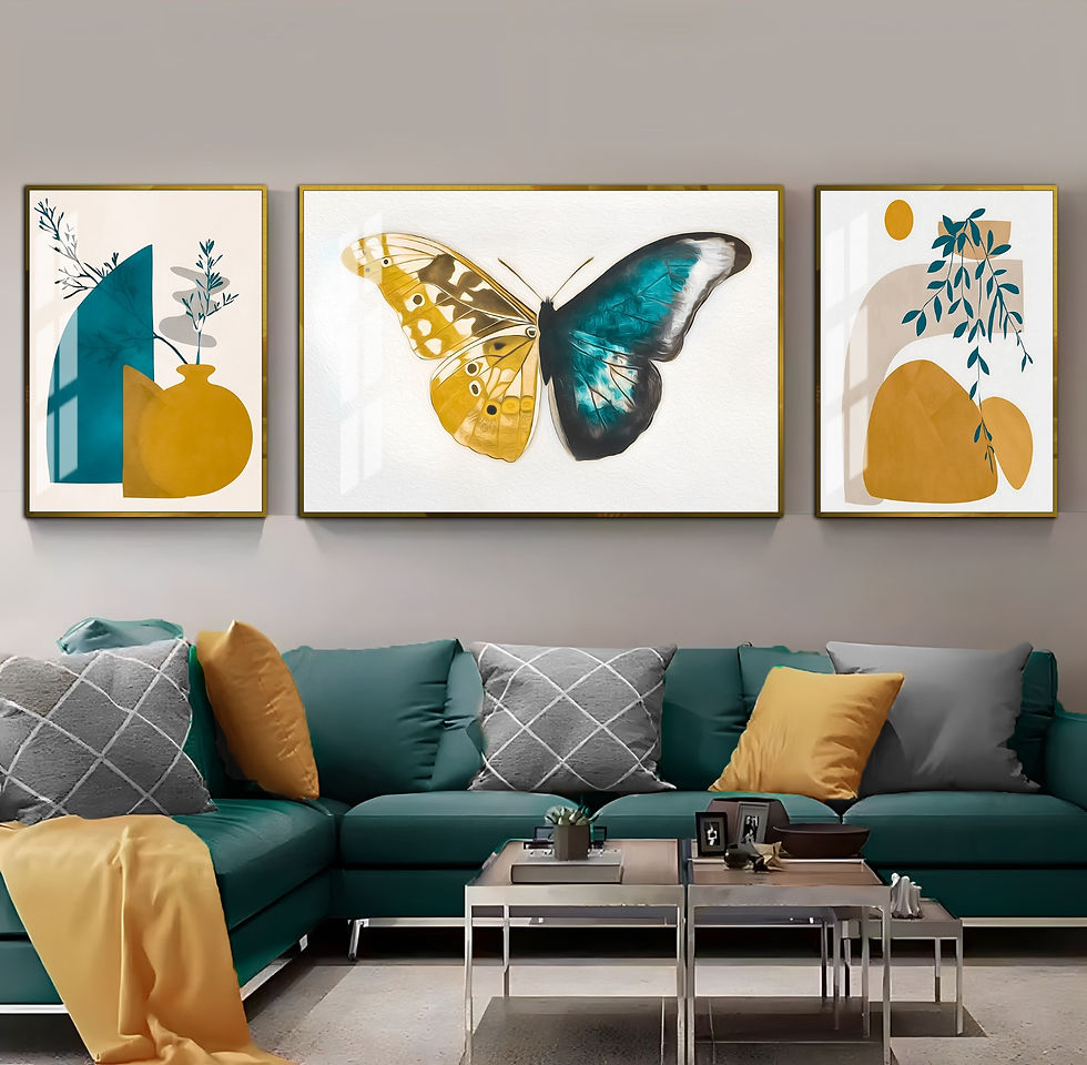 TURKUAZ-SARI RENK KELEBEK KOMBİNİ | 3LÜ YATAY CAM TABLO
