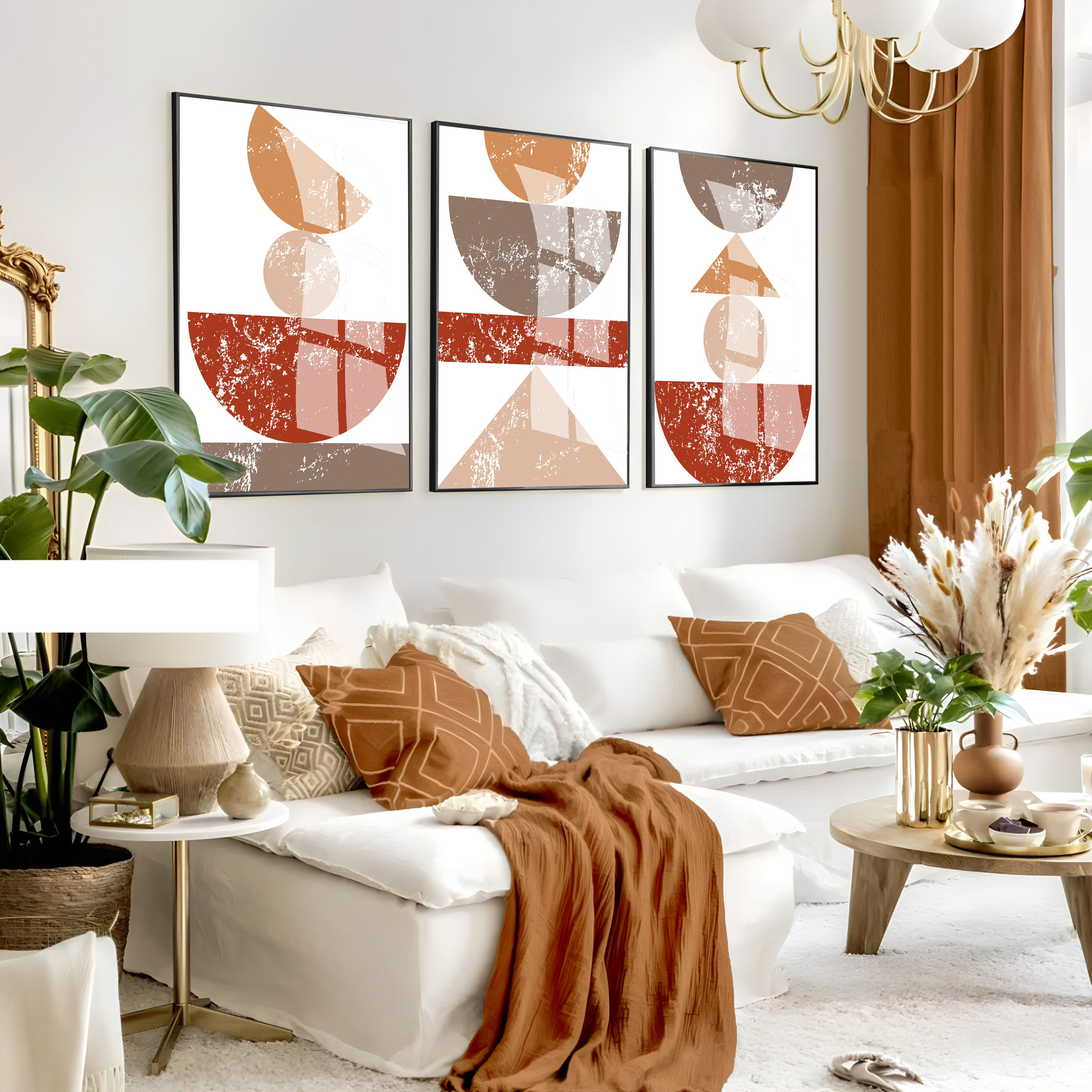 TURUNCU- KREM-KAHVE GEOMETRİK BOHEM SETİ | 3LÜ DİKEY CAM TABLO