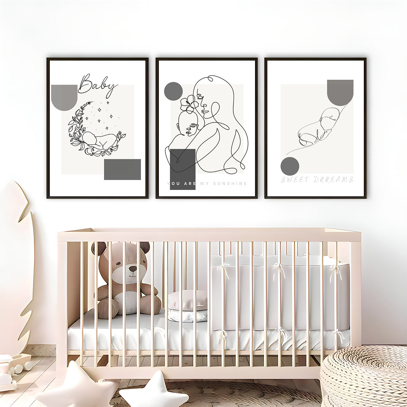 SOFT SİYAH ANNE-BEBEK SİLUETLİ ÇOCUK ODASI KOMBİNİ | 3LÜ DİKEY AHŞAP MDF TABLO