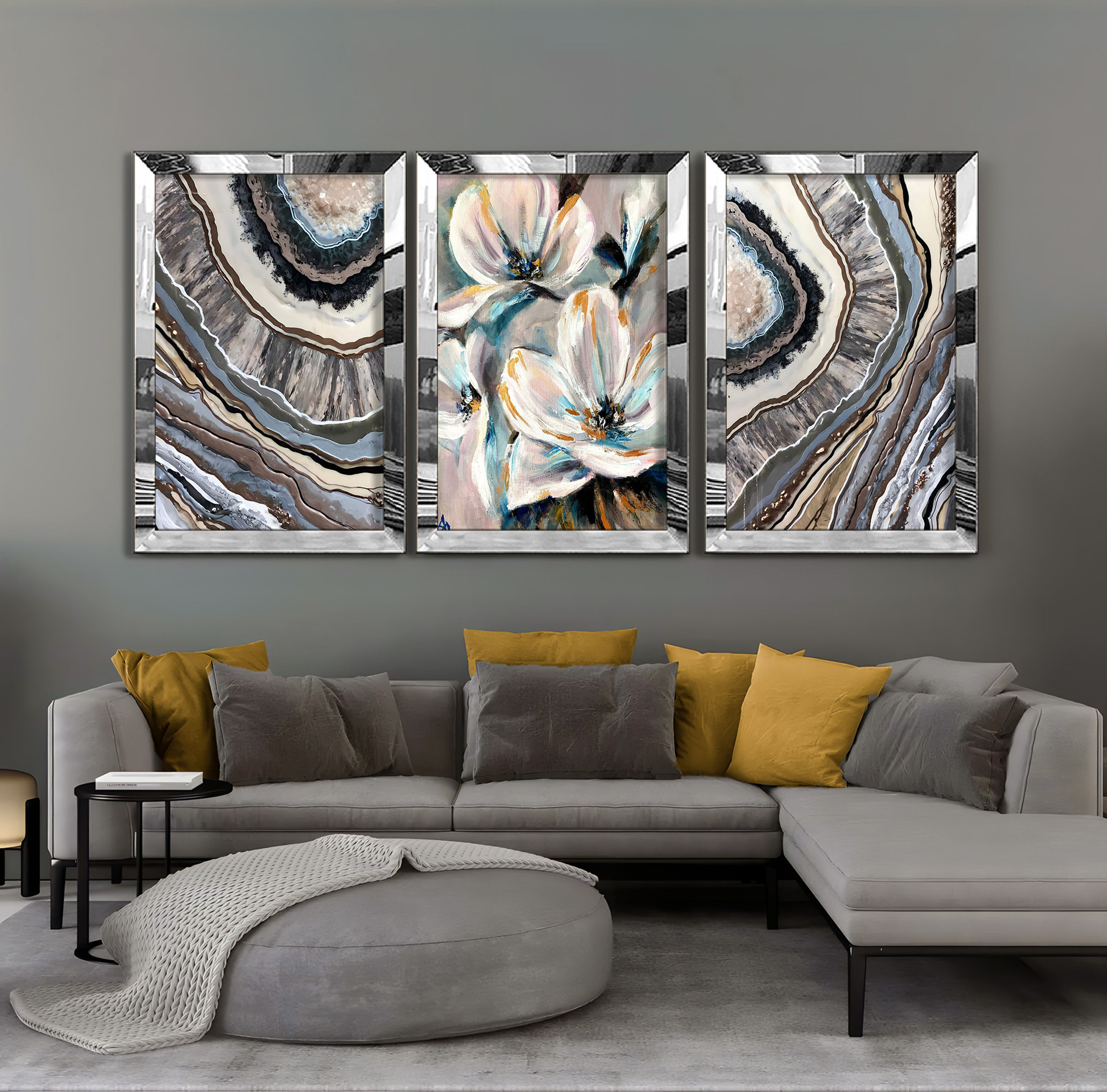 BEYAZ-GRİ-GOLD SOYUT ÇİÇEK KOMBİN | 3LÜ DİKEY PELKSİ TABLO