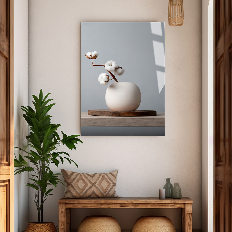 BOHEM VAZOLU PAMUK BİTKİLİ TABLO | ÇERÇEVESİZ DİKEY CAM TABLO