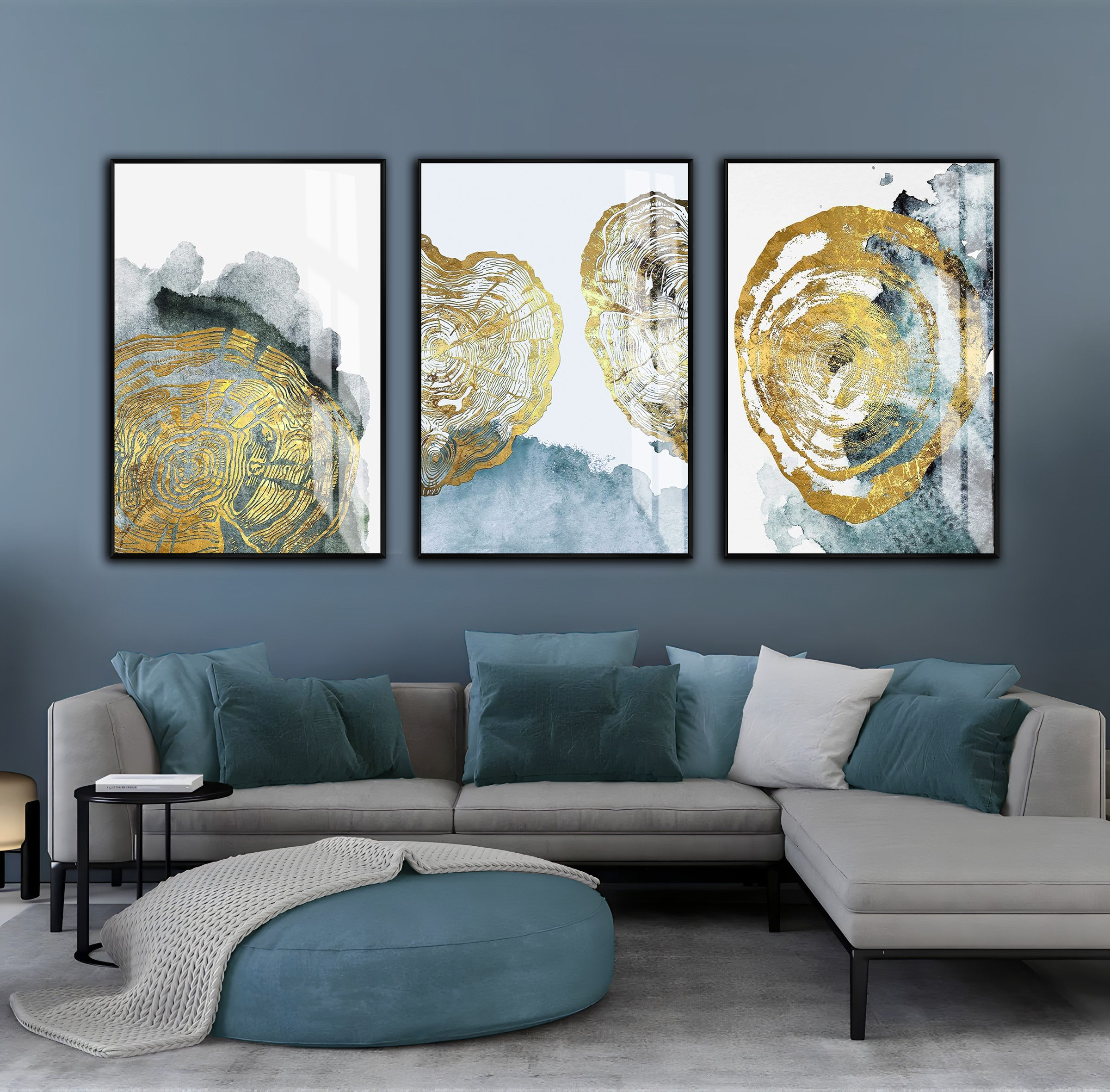 GRİ-GOLD SİYAH SOYUT KOMBİN | 3LÜ DİKEY CAM TABLO