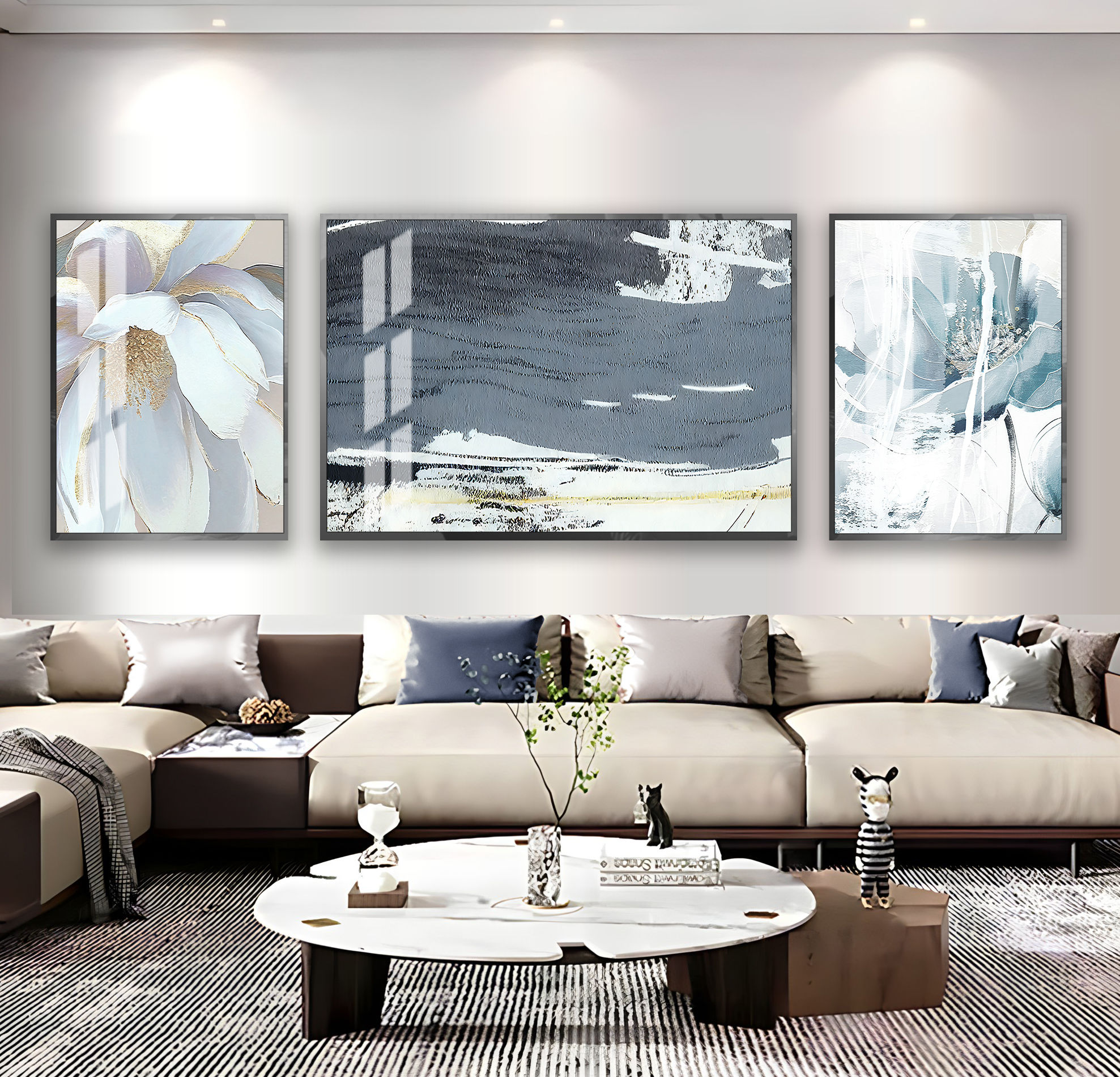 SOFT MAVİ -GRİ-GOLD SOYUT ÇİÇEK DESENLİ KOMBİNİ | 3LÜ YATAY CAM TABLO