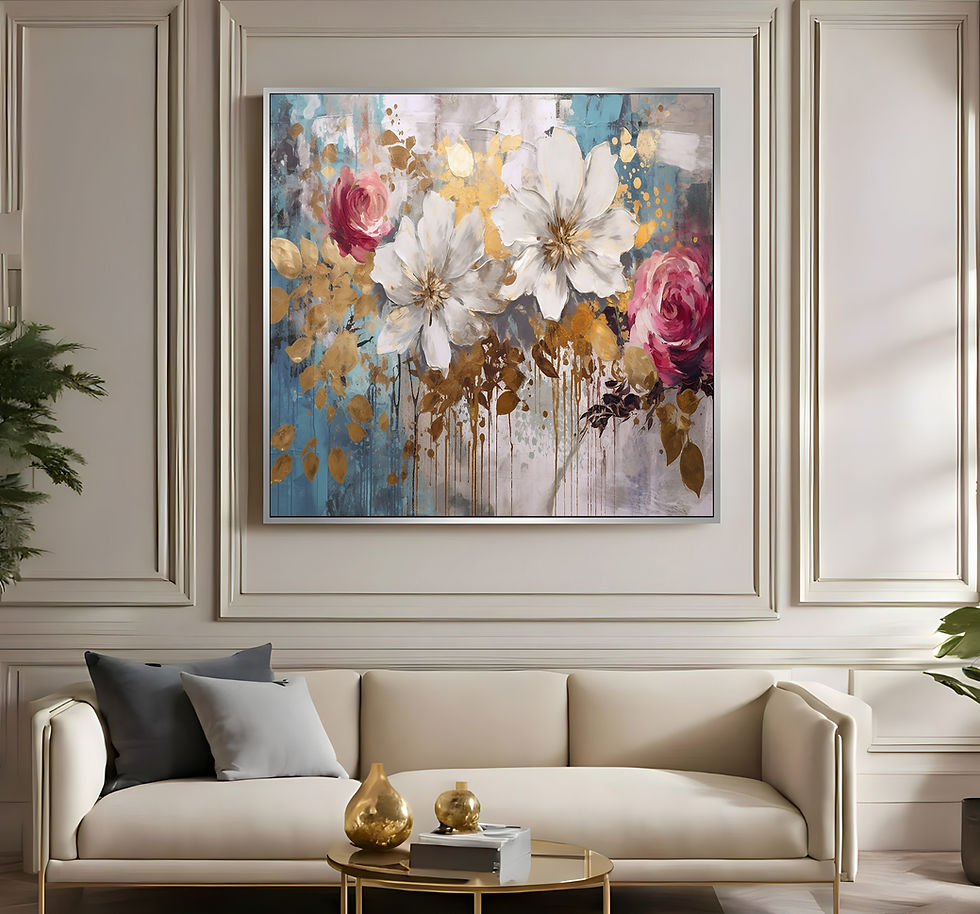 Küçük resim: PEMBE GOLD ÇİÇEKLİ SOYUT MODEL | ÇERÇEVELİ KARE KANVAS TABLO