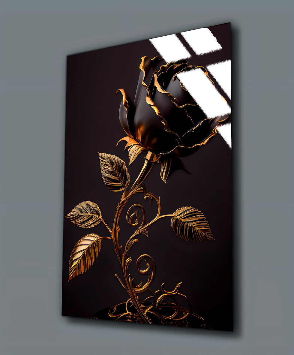 SİYAH-GOLD GÜL TABLOSU 2 | ÇERÇEVESİZ DİKEY CAM TABLO