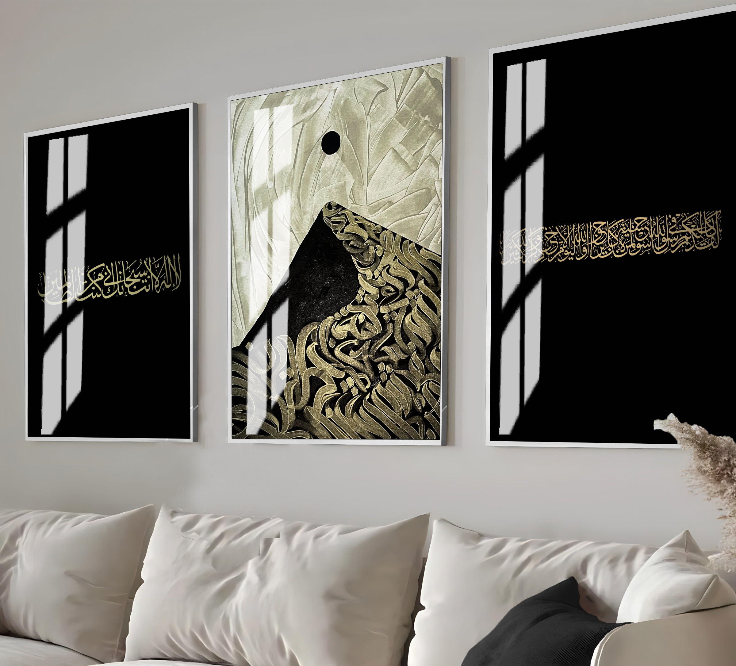 GOLD-SİYAH AZHAP(21)-ANBİYA(87)-DAĞ İSLAMİ KOMBİN |ÇERÇEVELİ CAM TABLO 3LÜ DİKEY