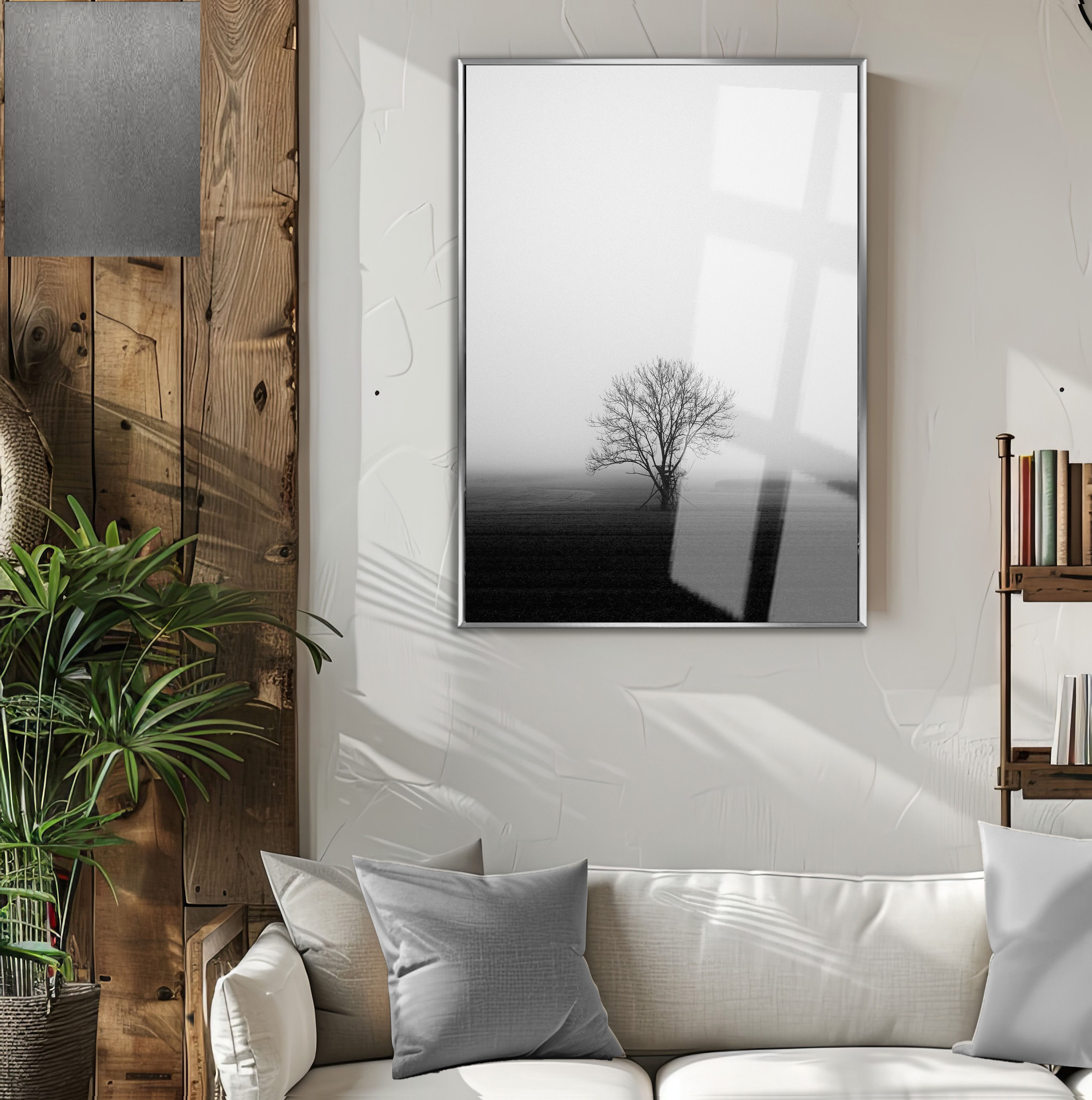 SİYAH-BEYAZ ARAZİ AĞAÇ MANZARA MODEL  |ÇERÇEVELİ TEMPERLİ CAM TABLO TEKLİ DİKEY