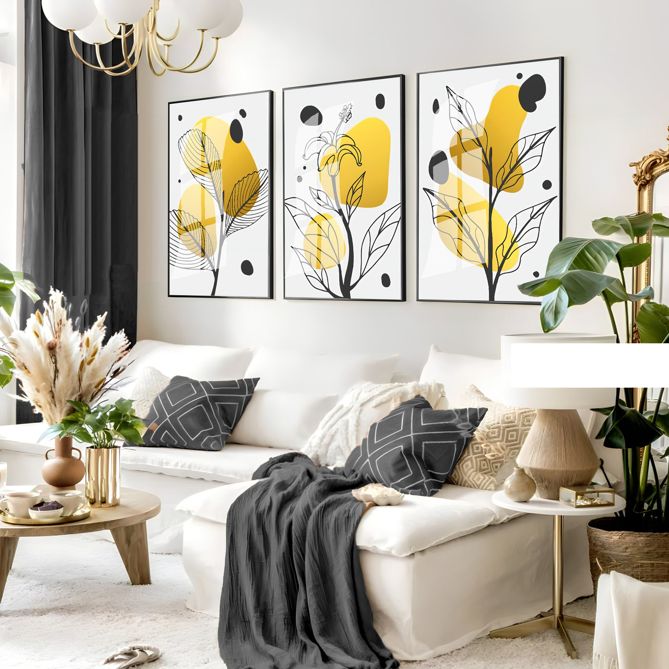 GRİ-SARI-BEYAZ YAPRAKLI BOHEM KOMBİNİ | 3LÜ DİKEY CAM TABLO