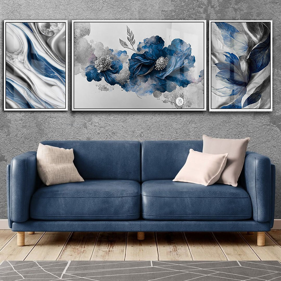 LACİVERT-GÜMÜŞ RENK SOYUT ÇİÇEK KOMBİNİ | 3LÜ YATAY CAM TABLO