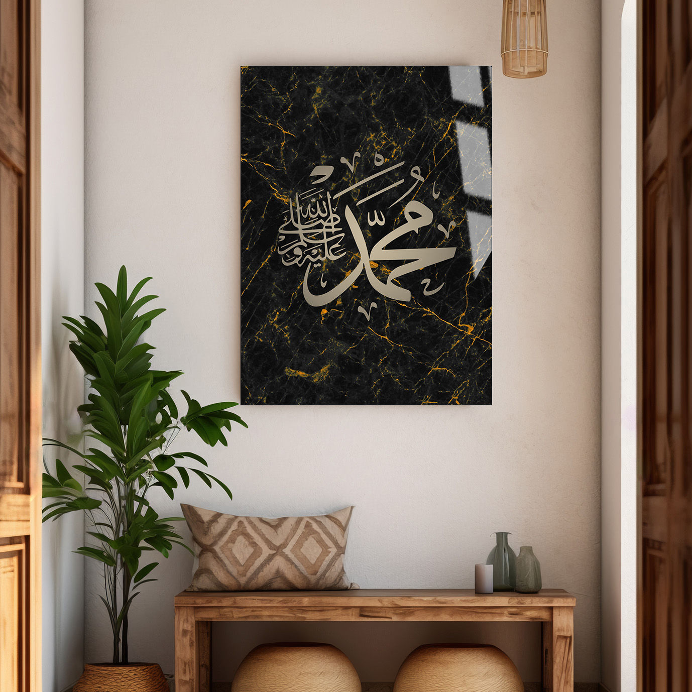 MUHAMMED (SAV) İSLAMİ MODEL |SİYAH-GOLD| ÇERÇEVESİZ DİKEY CAM TABLO