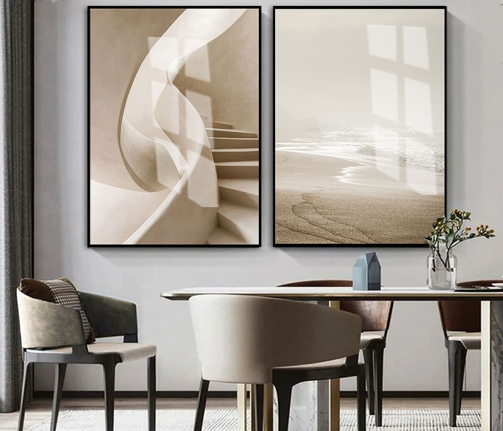 (BOHEM) KREM TONLU MERDİVEN DENİZ MANZARA KOMBİNİ | 2Lİ DİKEY CAM TABLO