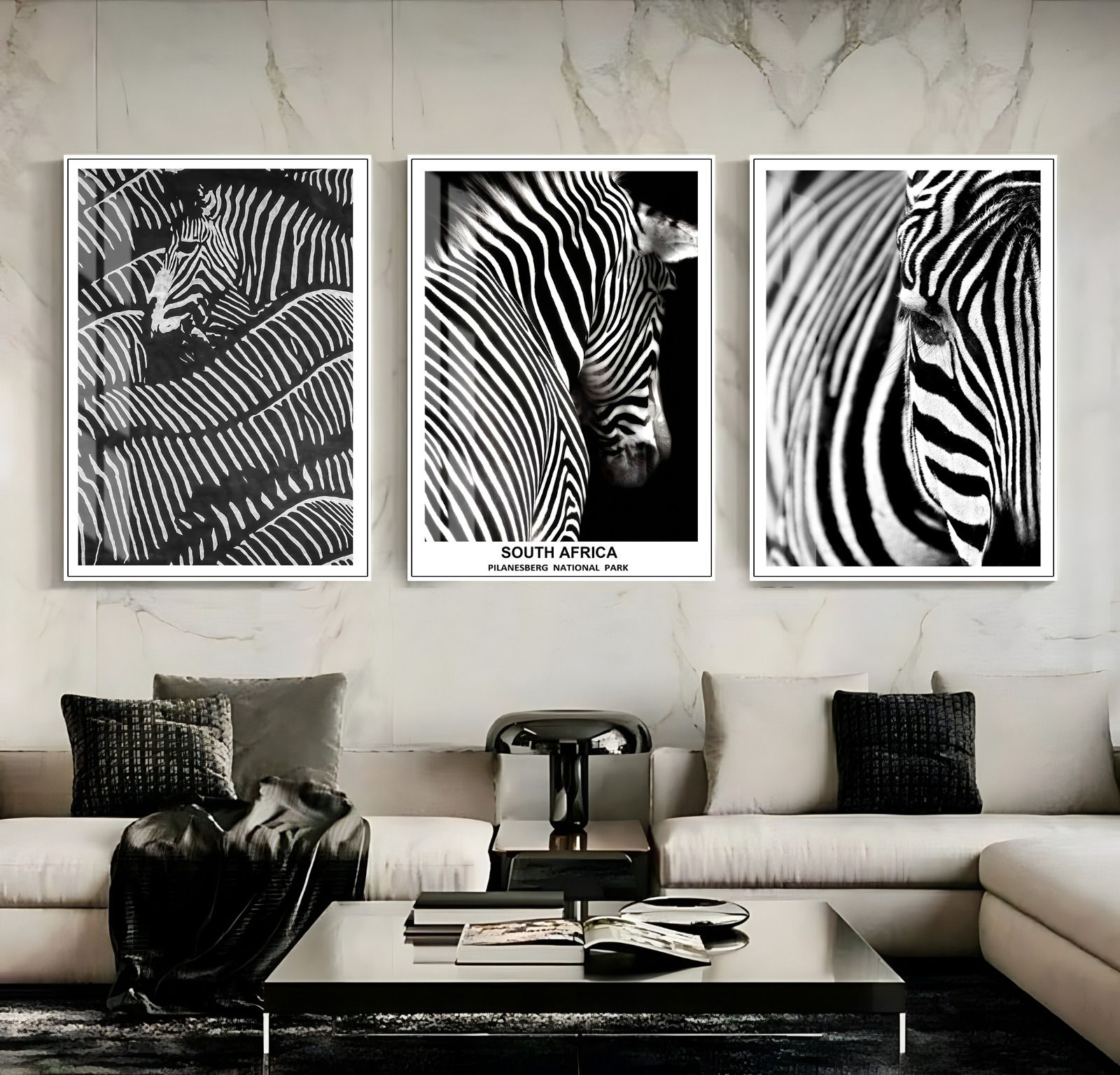 SİYAH-BEYAZ RENK ZEBRA KOMBİNİ | 3LÜ DİKEY CAM TABLO
