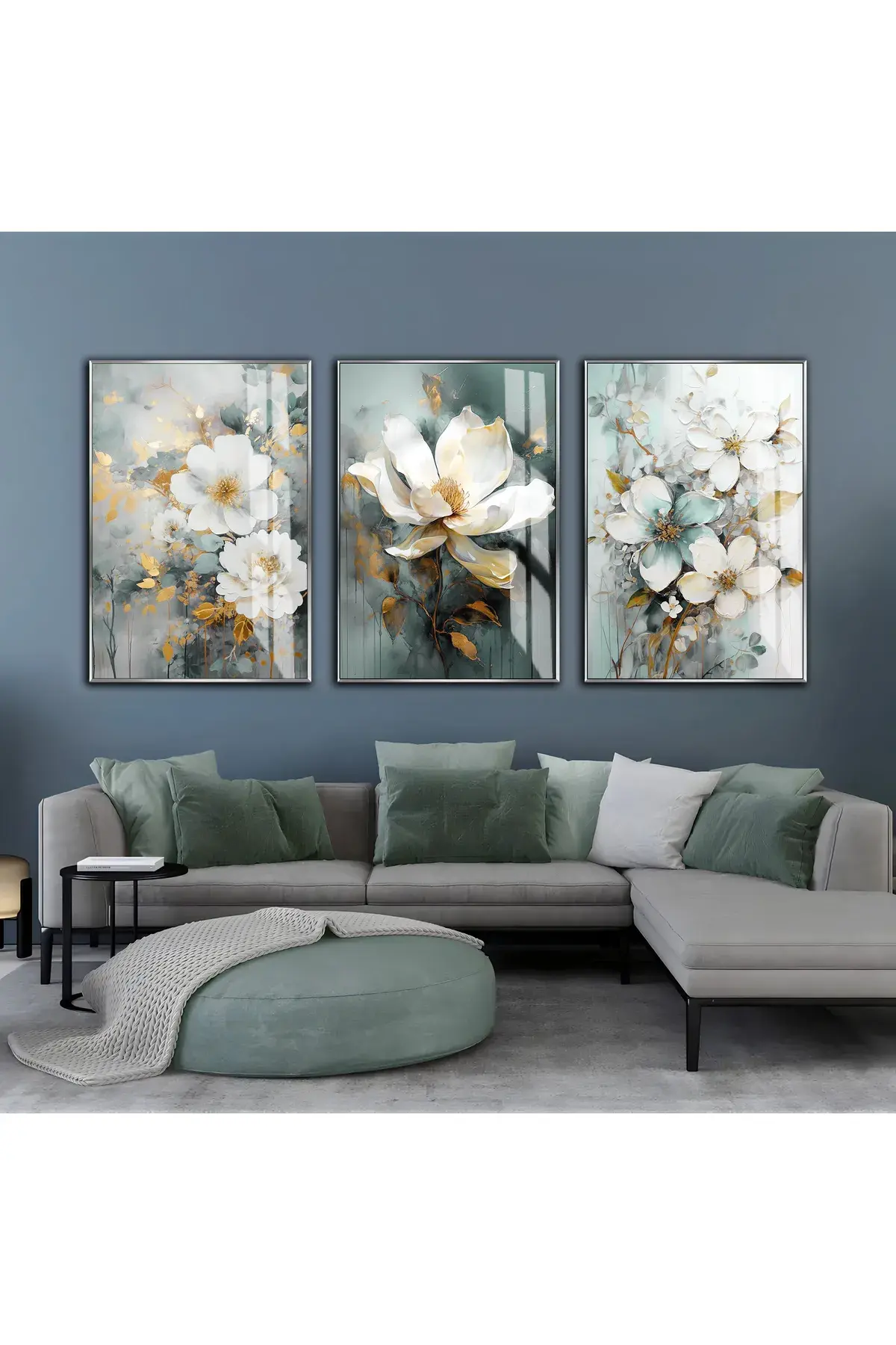 SU YEŞİLİ GRİ RENK ÇİÇEK KOMBİNİ |ÇERÇEVELİ CAM TABLO 3LÜ DİKEY