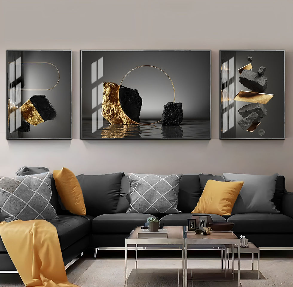 SİYAH-GOLD RENK SOYUT KOMBİNİ | 3LÜ YATAY CAM TABLO