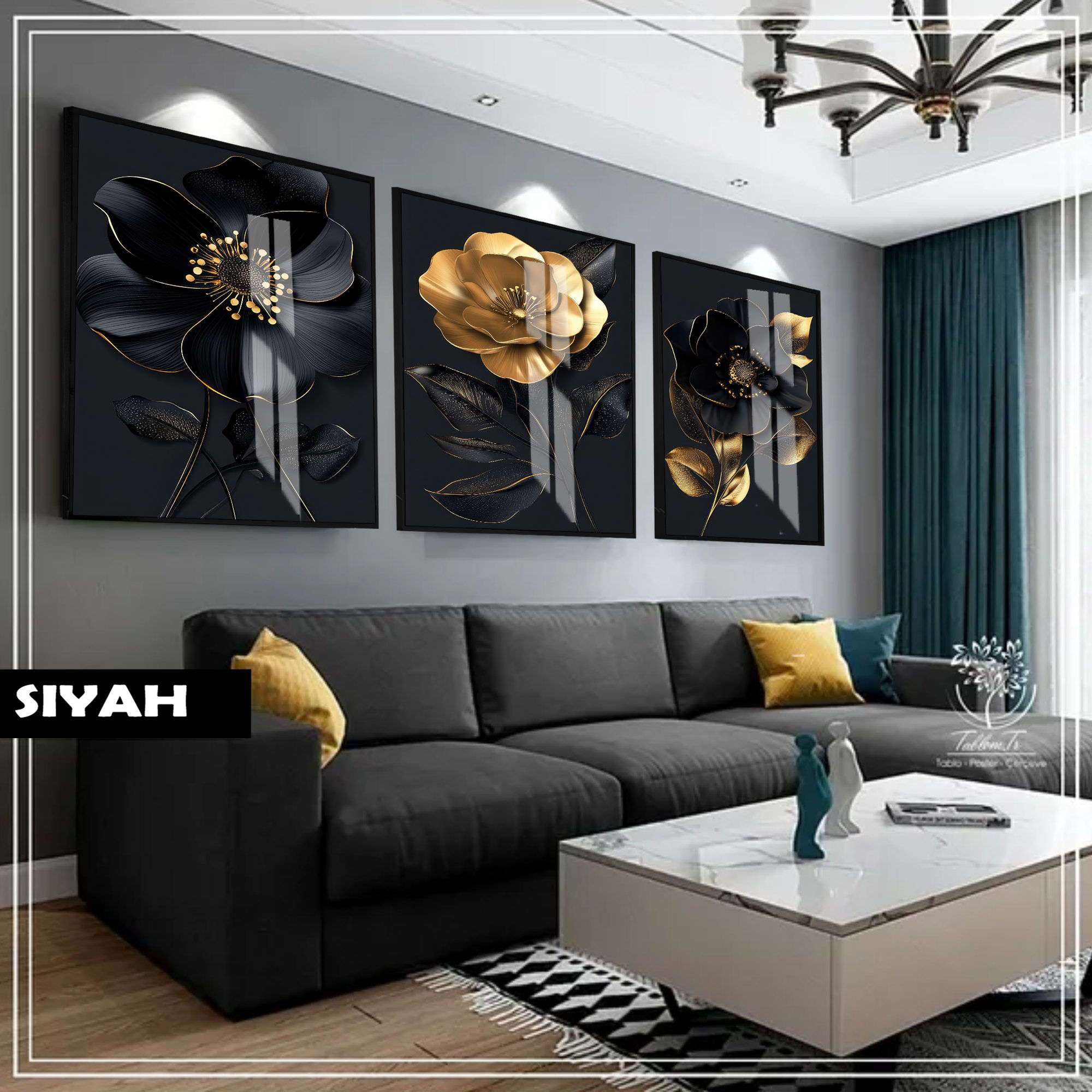 SİYAH-GOLD MANOLYA ÇİÇEK KOMBİN |ÇERÇEVELİ CAM TABLO 3LÜ DİKEY