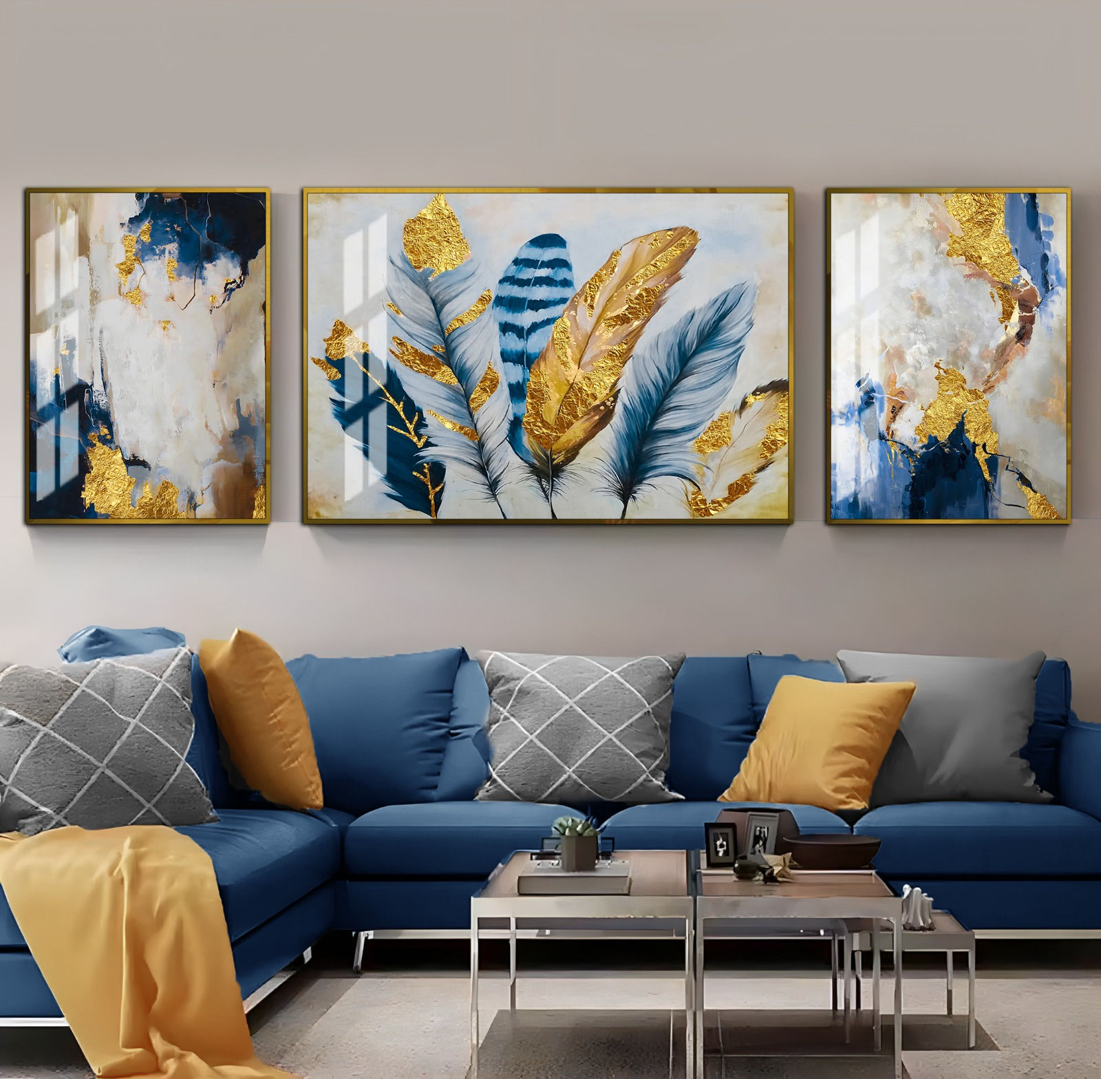 LACİVERT-GOLD RENK SOYUT TÜY KOMBİNİ | 3LÜ YATAY CAM TABLO