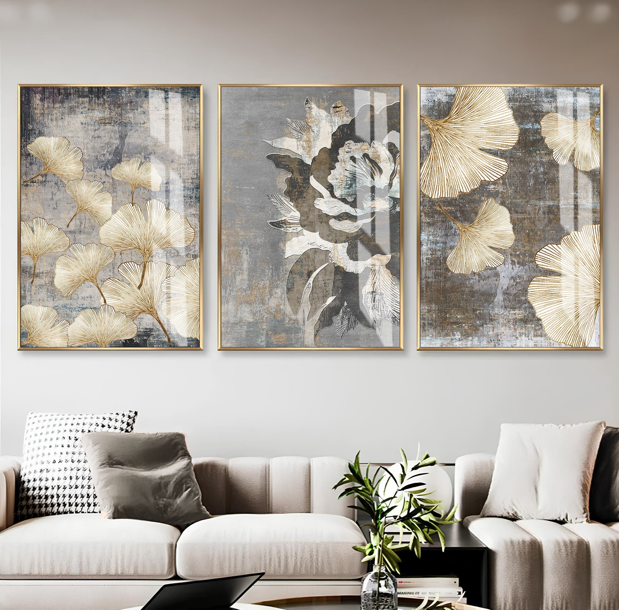 KREM-BEJ RENK ÇİÇEK YAPRAK DESENLİ KOMBİN | 3LÜ DİKEY CAM TABLO