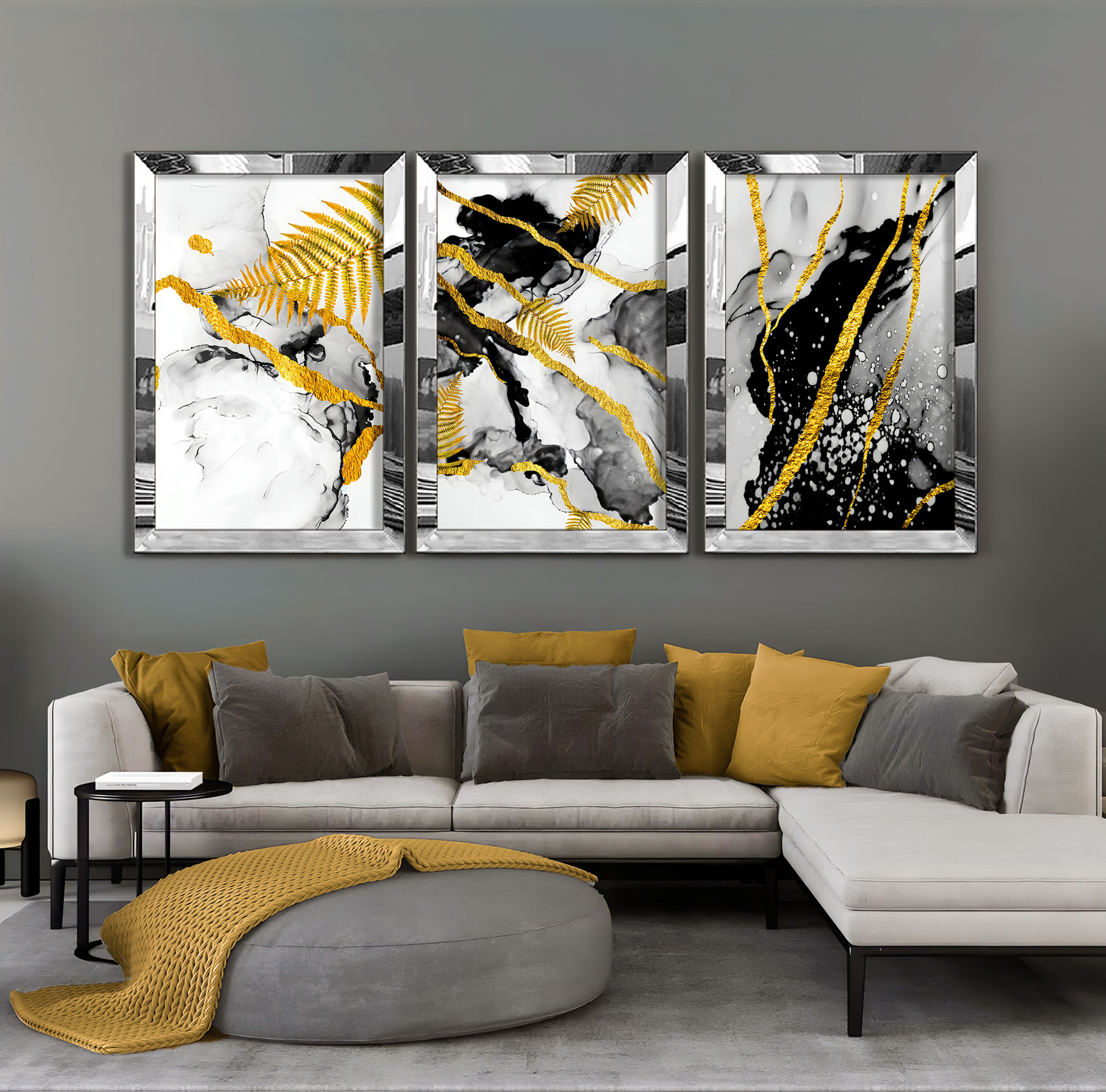 GRİ-GOLD SOYUT YAPRAK KOMBİNİ | 3LÜ DİKEY PELKSİ TABLO