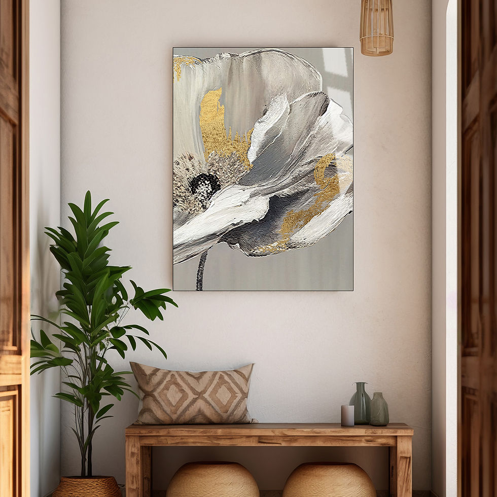 GOLD GRİ ÇİÇEK TEMALI MODELİ | ÇERÇEVESİZ DİKEY CAM TABLO