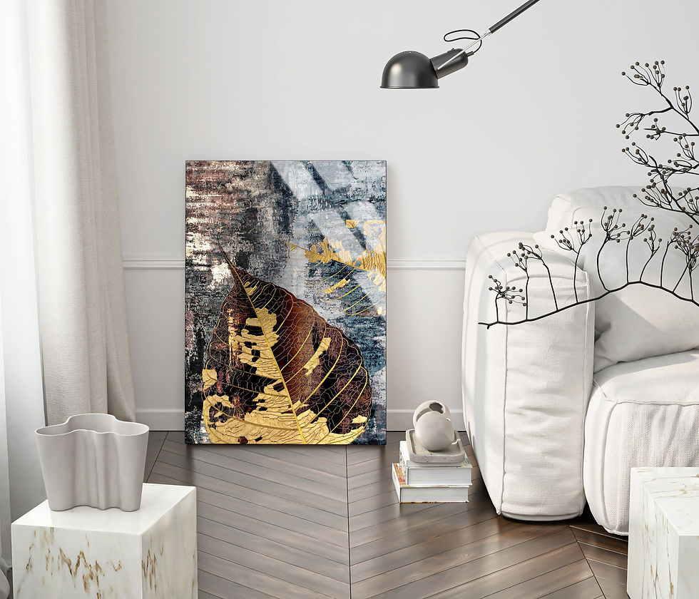 GOLD GRİ YAPRAK TEMALI MODELİ | ÇERÇEVESİZ DİKEY CAM TABLO