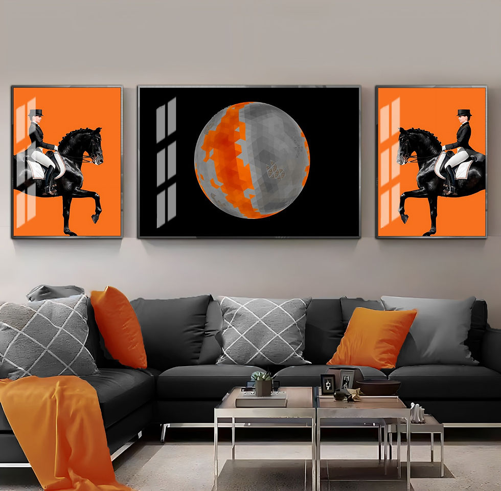 TURUNCU-SİYAH RENK ATLI KADIN KOMBİNİ | 3LÜ YATAY CAM TABLO