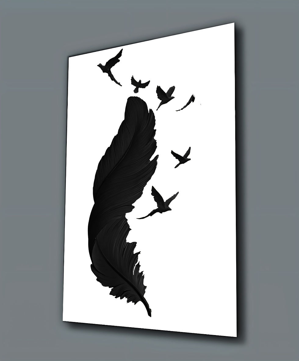 BEYAZ -SİYAH KUŞ TÜY TABLOSU | ÇERÇEVESİZ DİKEY CAM TABLO