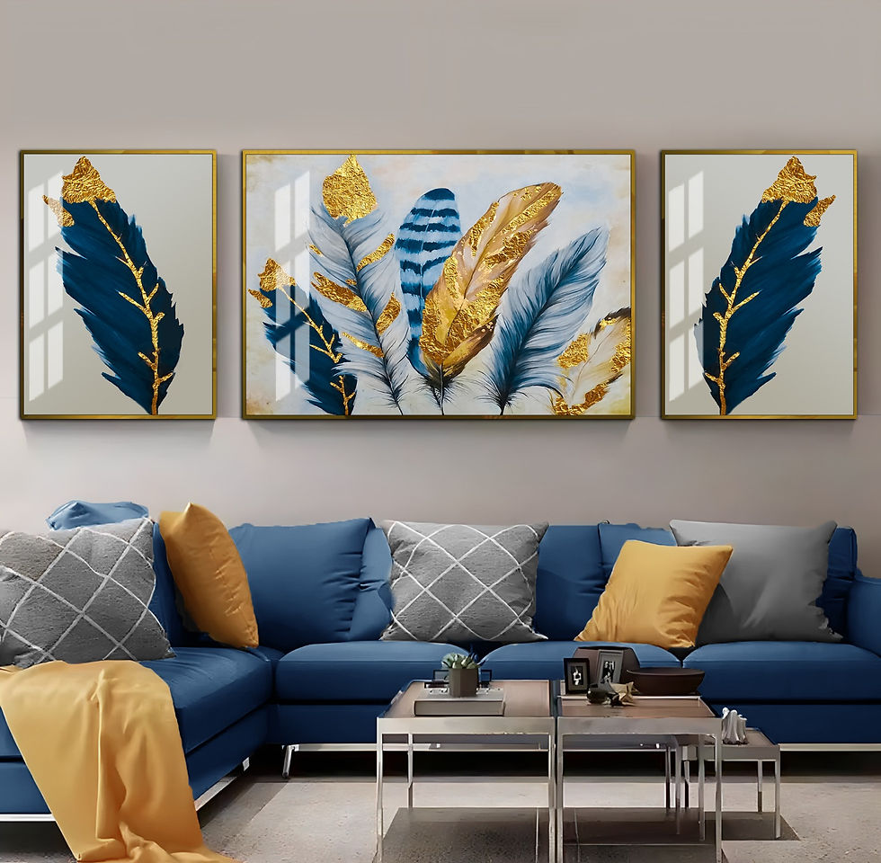 LACİVERT-GOLD RENK TÜY KOMBİNİ | 3LÜ YATAY CAM TABLO