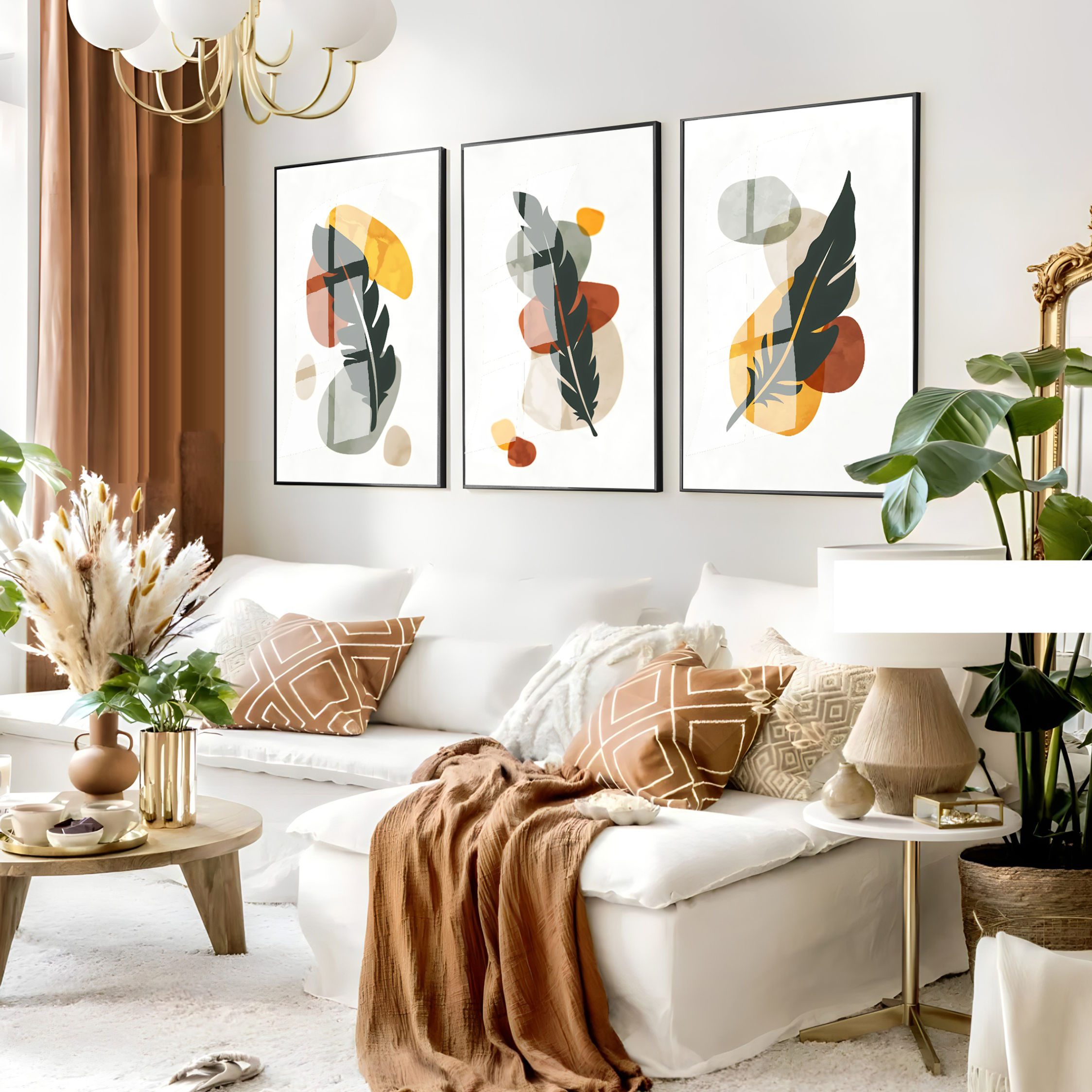 KAHVE-SARI YAPRAKLI BOHEM KOMBİNİ | 3LÜ DİKEY CAM TABLO