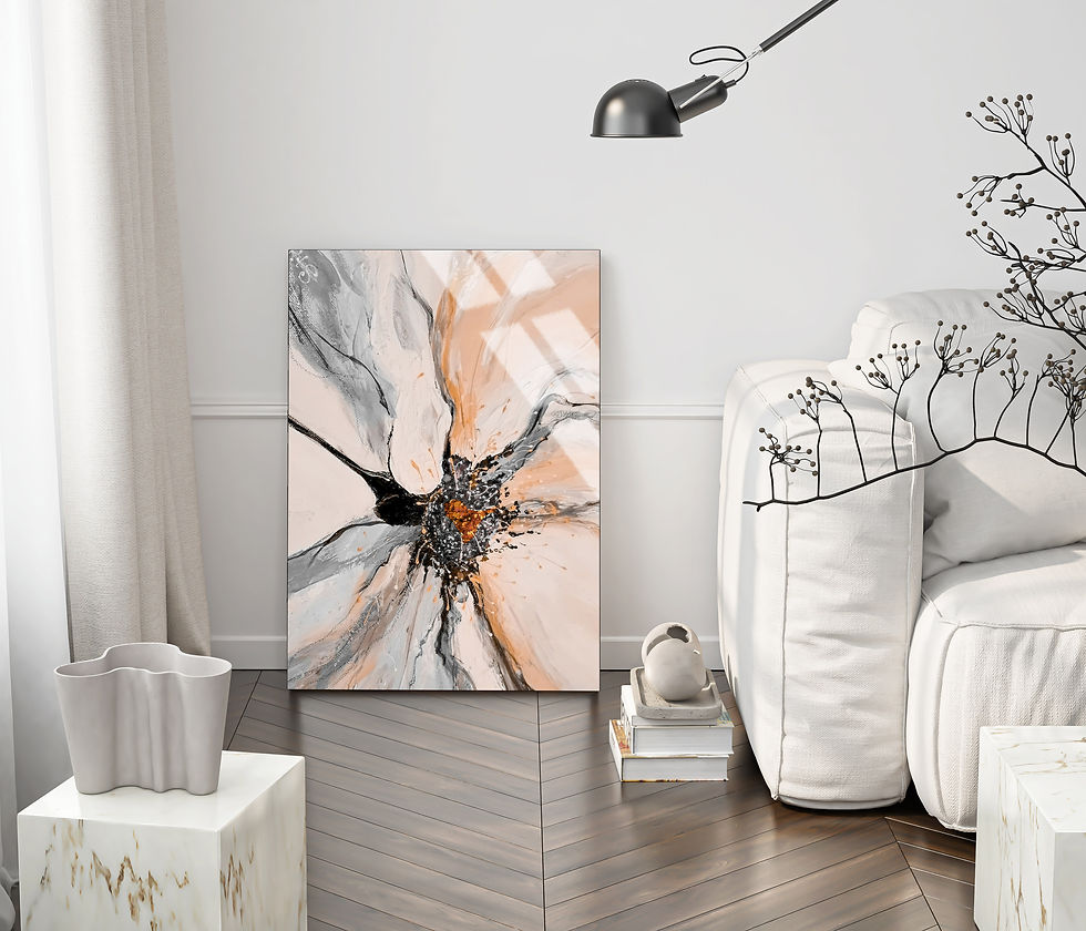 GRİ KREM SOYUT ÇİÇEK DESENLİ MODEL | ÇERÇEVESİZ DİKEY CAM TABLO