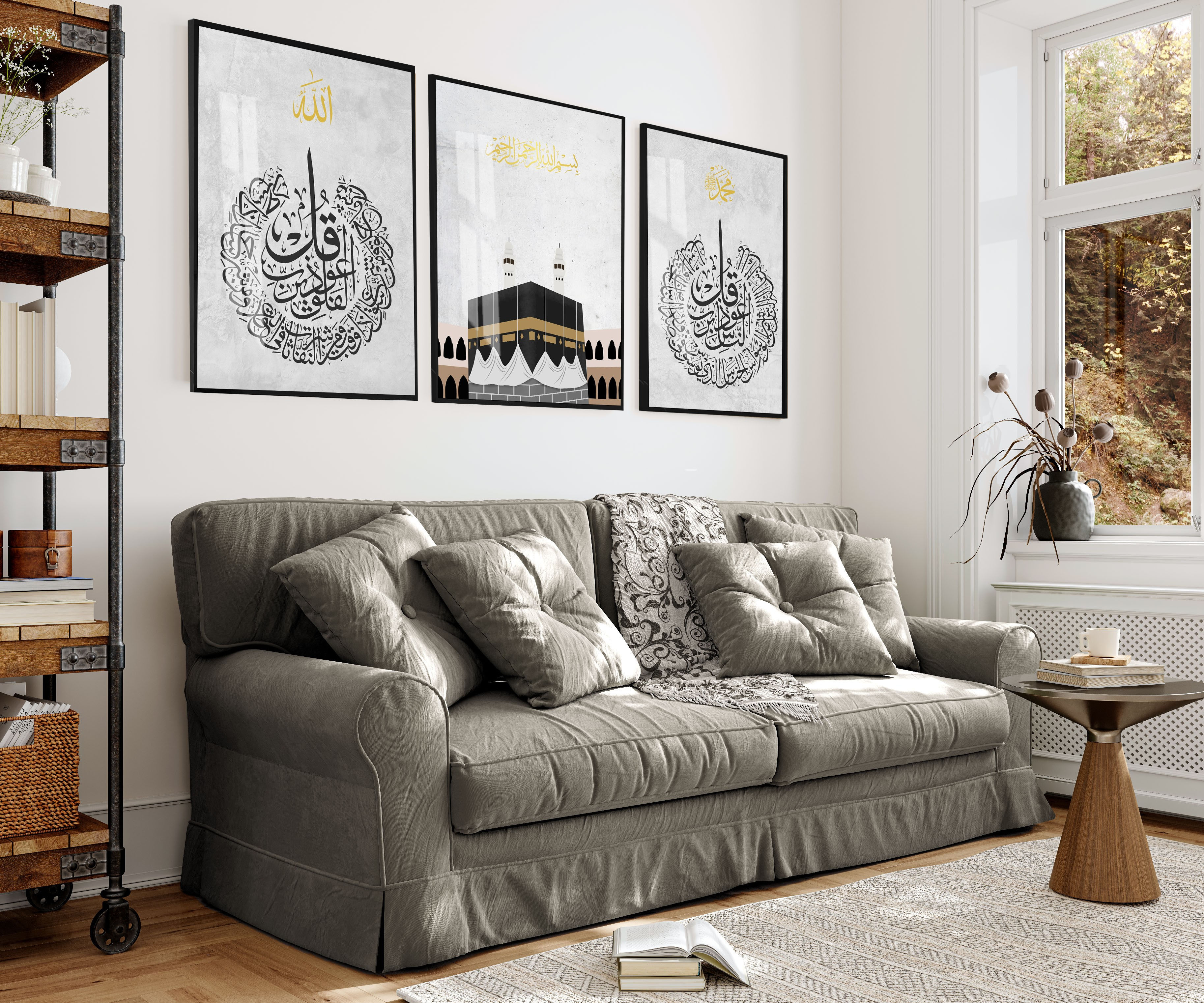 FELAK-NAS KABE GRİ İSLAMİ KOMBİN | ÇERÇEVELİ CAM TABLO 3LÜ DİKEY