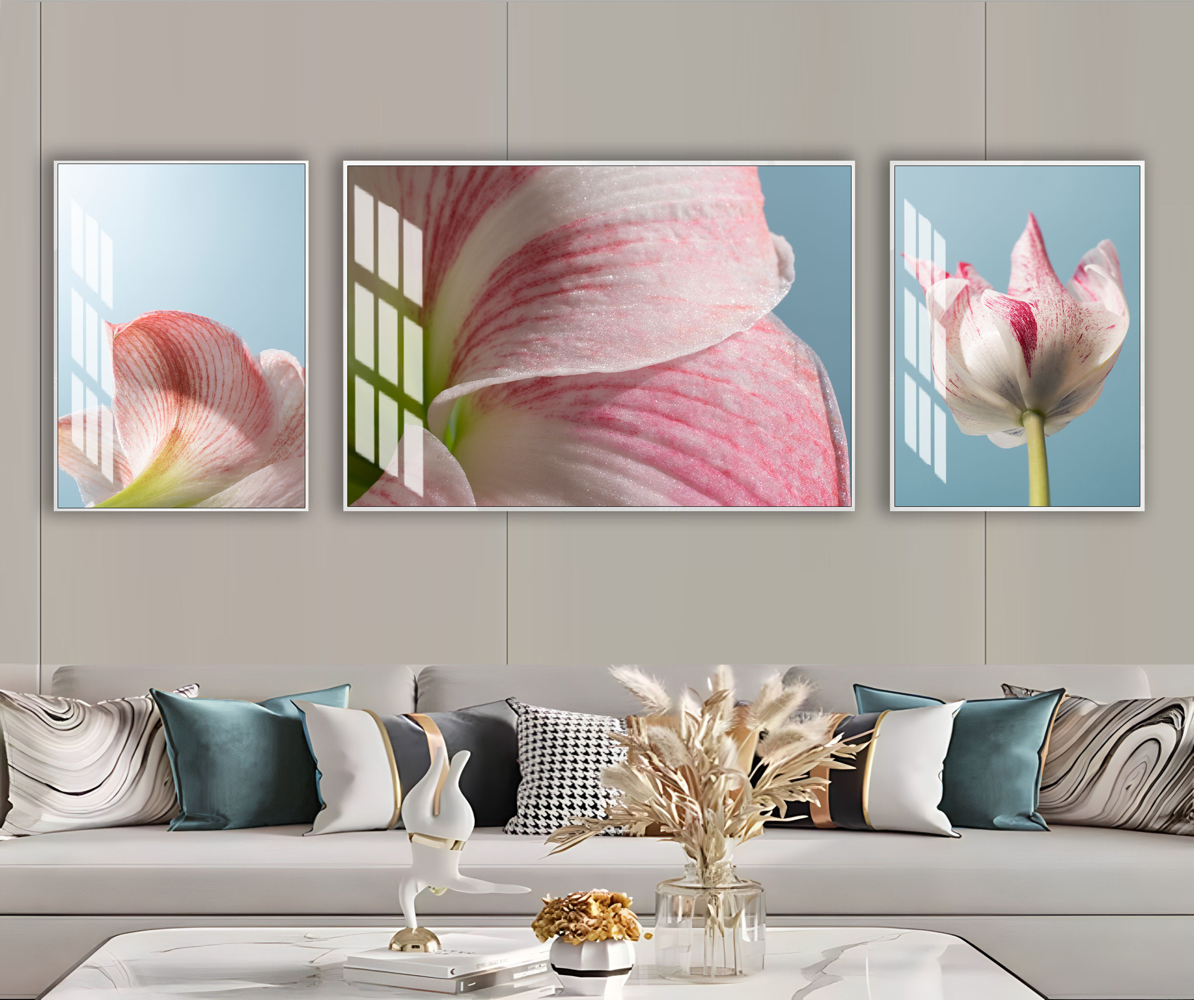 MAVİ-PEMBE GÜL DETAY KOMBİNİ | 3LÜ YATAY CAM TABLO