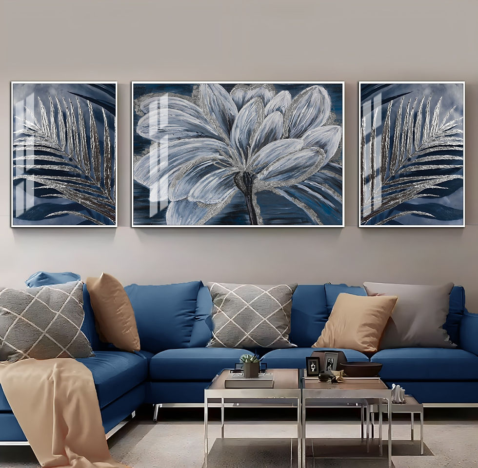 LACİVERT-GÜMÜŞ RENK ÇİÇEK KOMBİNİ | 3LÜ YATAY CAM TABLO