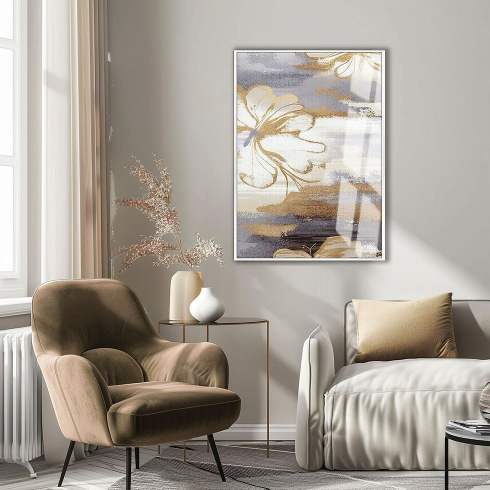 Küçük resim: SOFT GRİ-GOLD RENK ÇİÇEK SOYUT MODELİ | TEKLİ DİKEY CAM TABLO