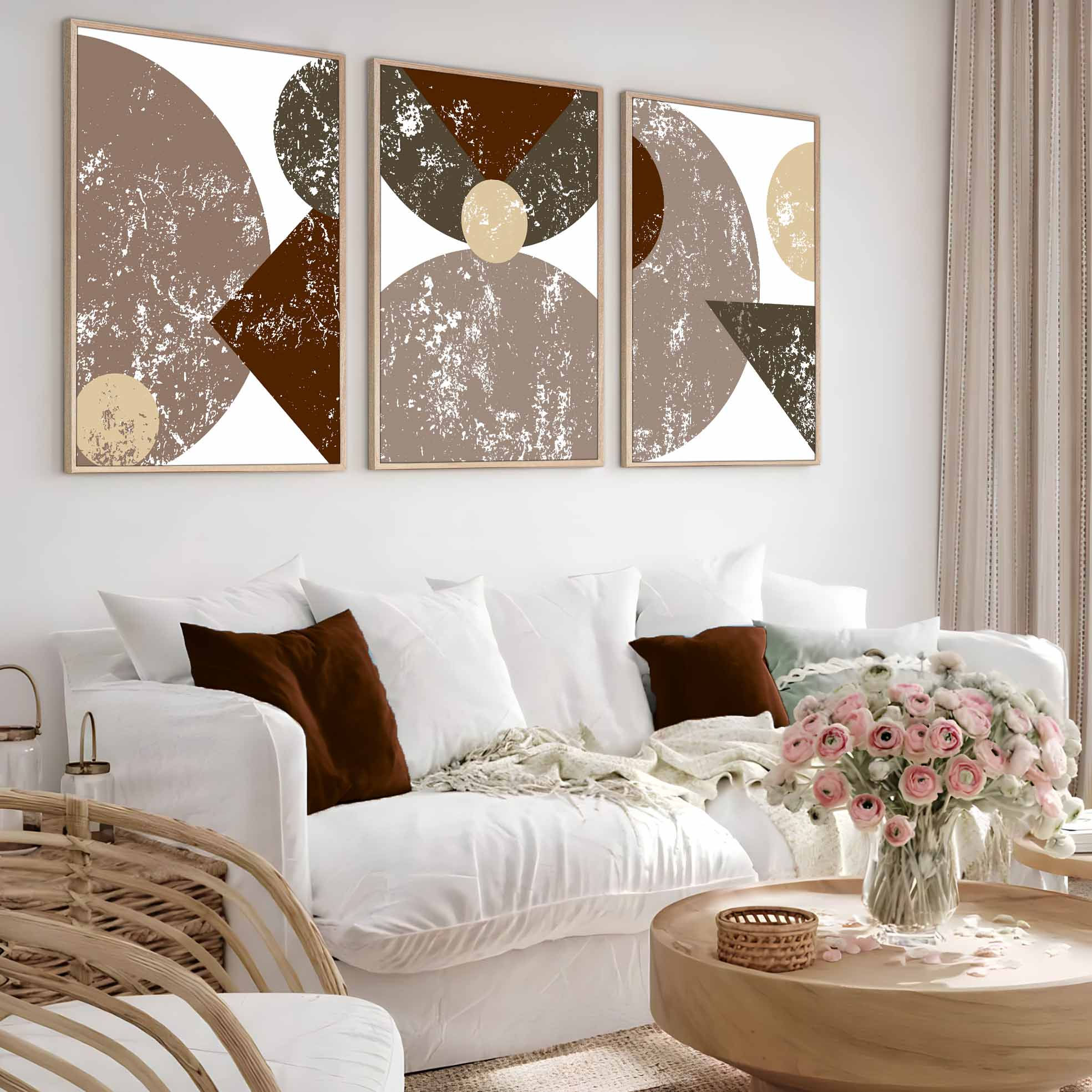 KAHVE-BEJ BOHEM SOYUT KOMBİN | 3LÜ DİKEY AHŞAP MDF TABLO