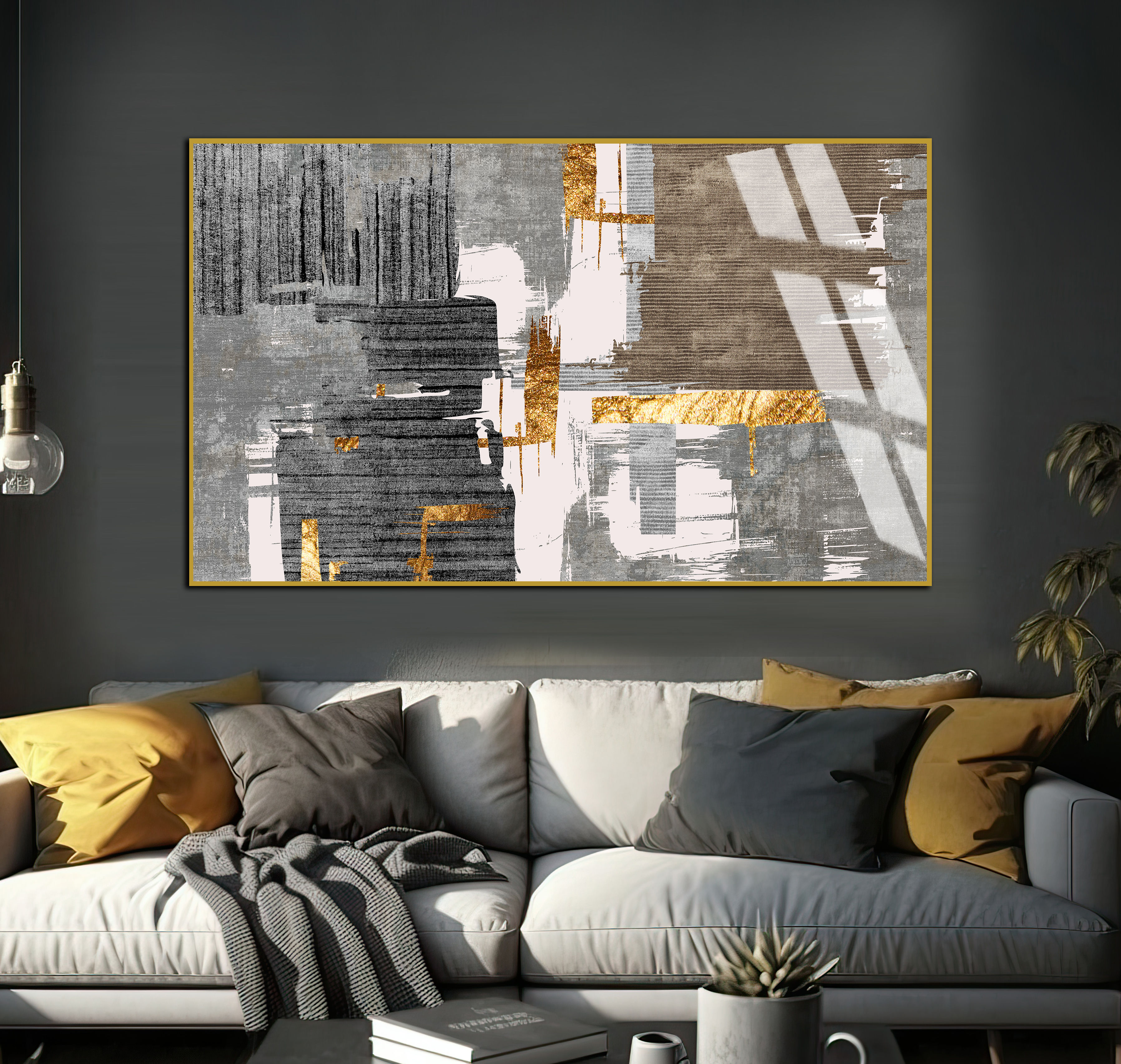 GRİ-GOLD SOYUT DESENLER MODELİ | TEKLİ YATAY CAM TABLO