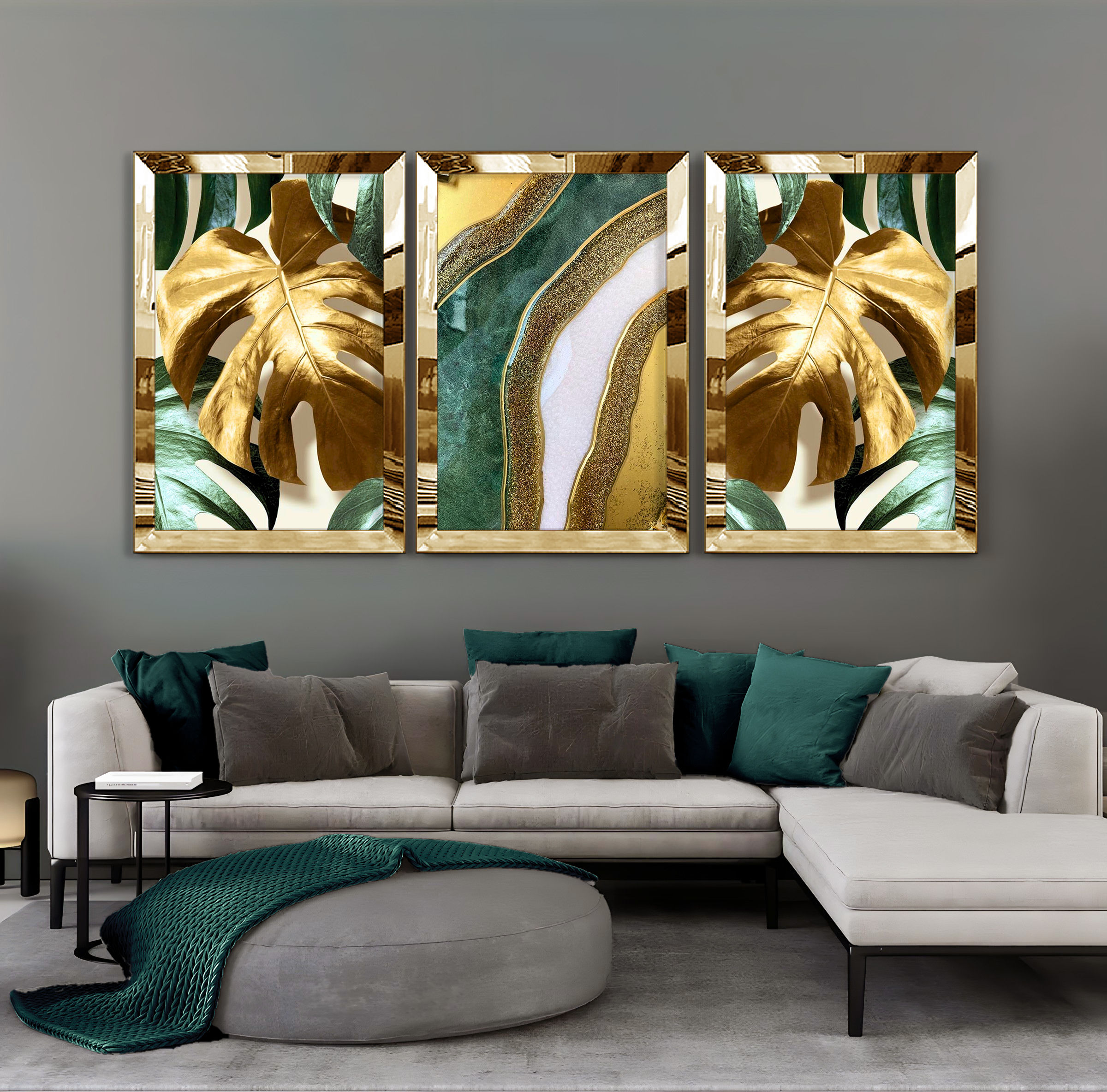YEŞİL-GOLD SOYUT YAPRAK KOMBİN | 3LÜ DİKEY PELKSİ TABLO