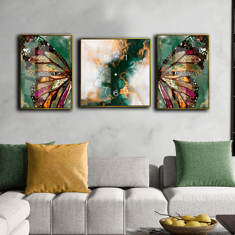 Küçük resim: YEŞİL-GOLD KANATLI SOYUT KOMBİNİ | SAATLİ CAM TABLO